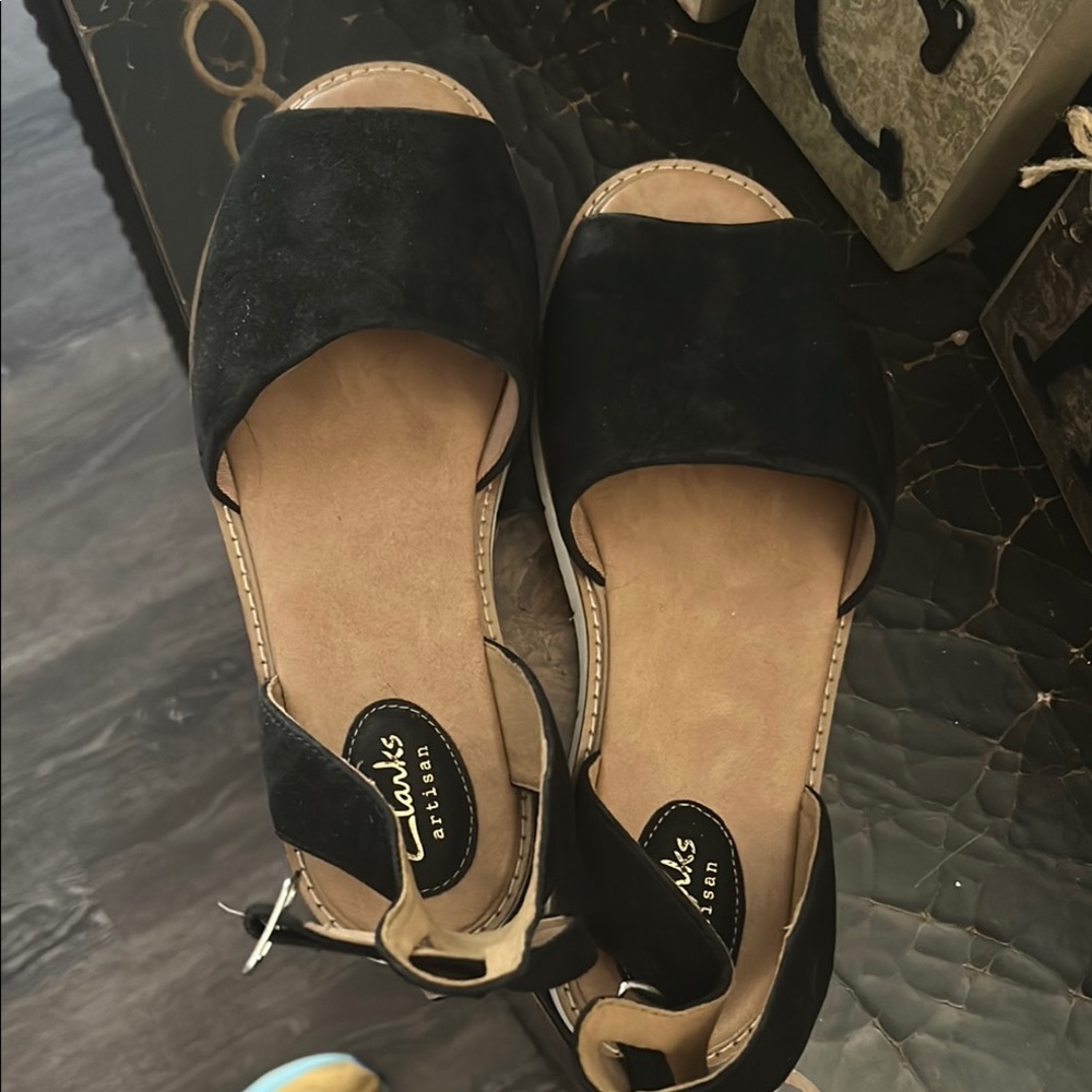 Clarks Black and Tan Suede Sandals